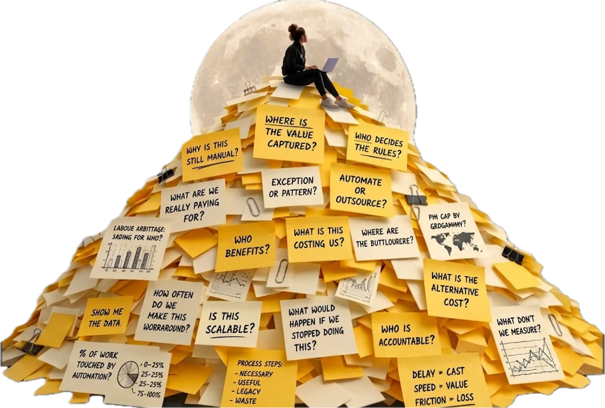 A woman with a laptop on a mountain of yellow sticky notes, each asking a better question.